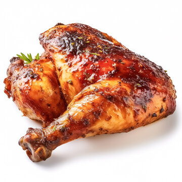 Knusprig gegrilltes H&auml;hnchen, H&auml;hnchenkeule freigestellt vor wei&szlig;em Hintergrund, Generative AI