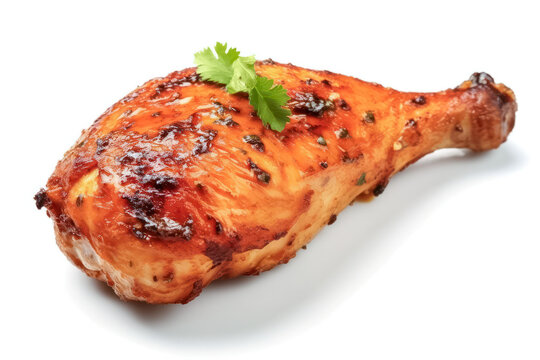 Knusprig gegrilltes H&auml;hnchen, H&auml;hnchenkeule freigestellt vor wei&szlig;em Hintergrund, Generative AI