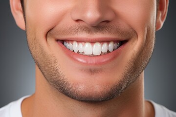 Close-up of flawless white smile on a young man with impeccable orthodontic work