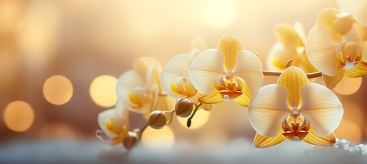 Vivid yellow orchid on right with magical bokeh background and spacious text placement on left