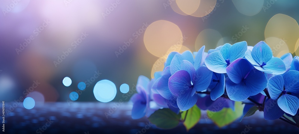 Poster blue hydrangea on isolated magical bokeh background with copy space for text placement