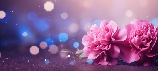 Pink carnation on right side against magical bokeh background with copy space for text on left.