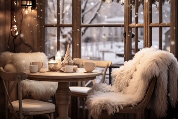 The interior of a charming winter cafe with rustic wooden furniture, plush cushions, and warm ambient lighting