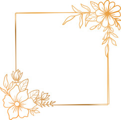 Elegant gold square floral frame with hand drawn leaves and flowers for wedding invitation