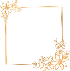 Elegant gold square floral frame with hand drawn leaves and flowers for wedding invitation