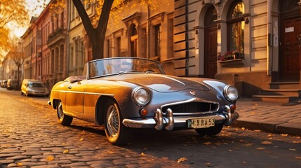 A Vintage Convertible Parked on a Cobblestone Street