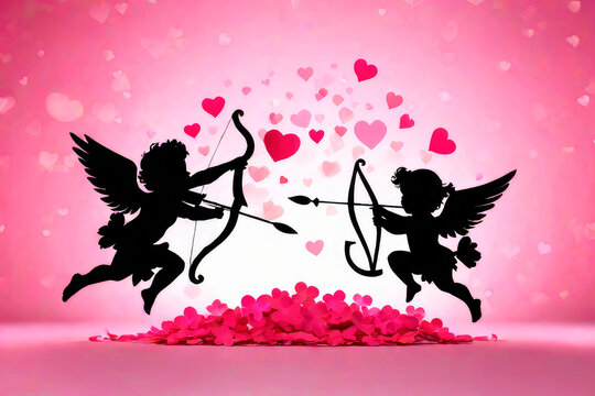 Valentines day cupid silhouettes in paper art and craft style.