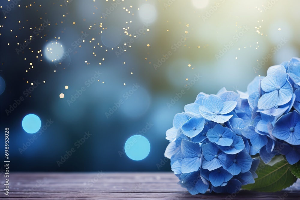 Poster blue hydrangea flower with magical bokeh background and two thirds of frame for text placement