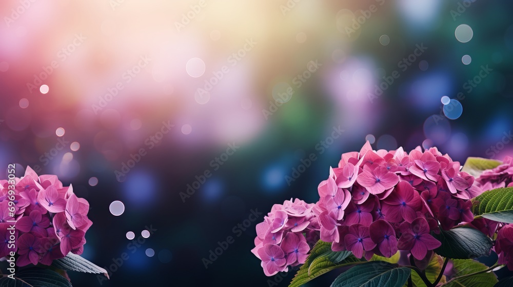 Poster pink hydrangea on isolated magical bokeh background with copy space for text placement