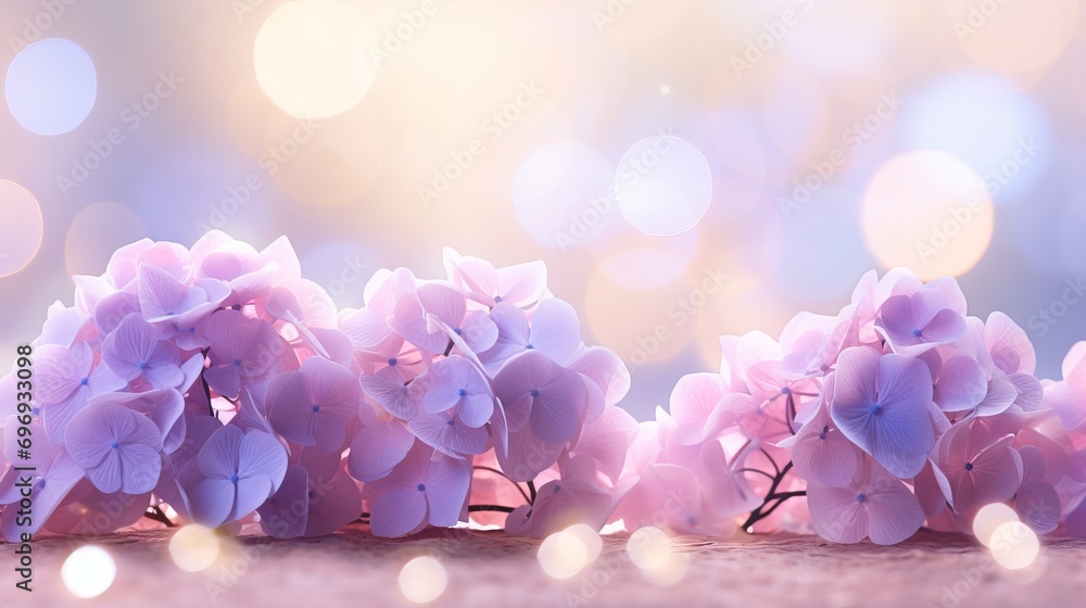 Poster pink hydrangea on isolated magical bokeh background with copy space for text placement