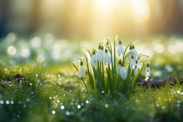 Snowdrop flowers on a sunny forest meadow. Drops of dew glisten in the rays of the sun. The first beautiful snowdrops in spring. Snowdrops close-up.