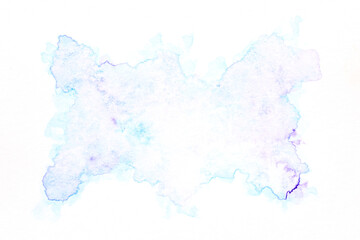 Abstract liquid art background. Blue purple watercolor translucent blots on white paper.