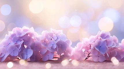 Afwasbaar fotobehang Pink hydrangea on isolated magical bokeh background with copy space for text placement © Ilja
