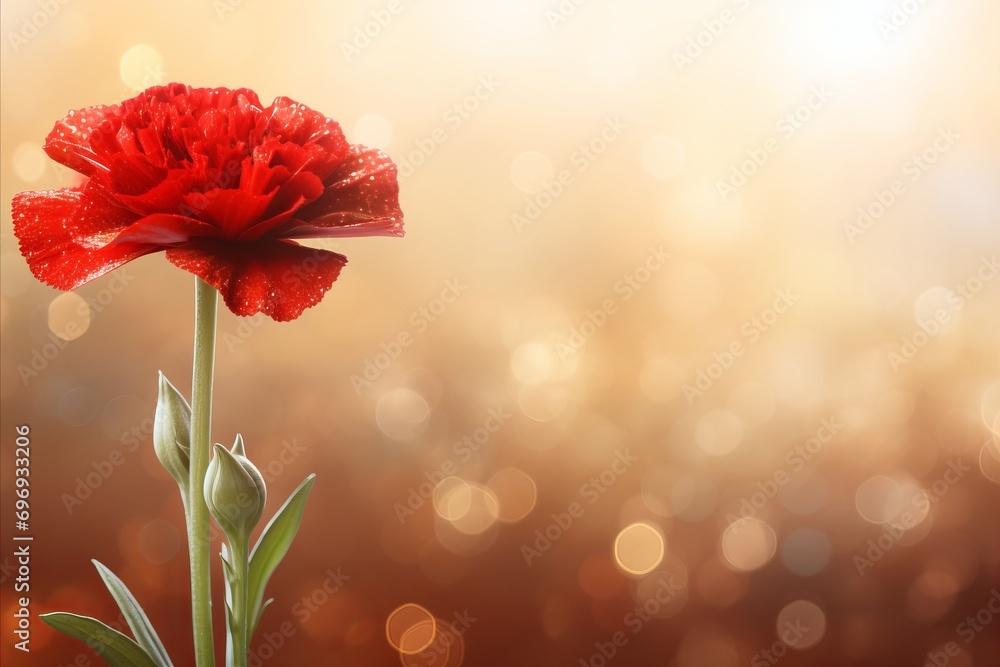 Poster red carnation on isolated magical bokeh background with copy space for text placement