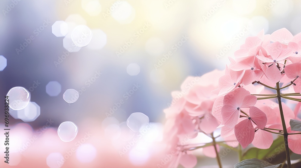 Poster pink hydrangea on right side with magical bokeh effect background, text space on left