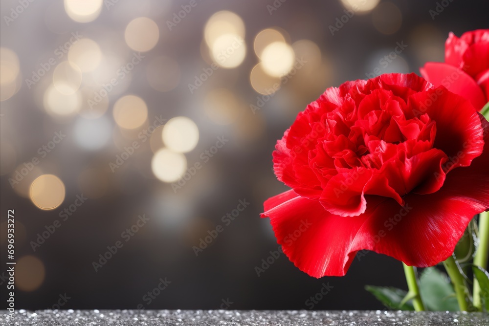 Poster red carnation on isolated magical bokeh background with copy space for text placement