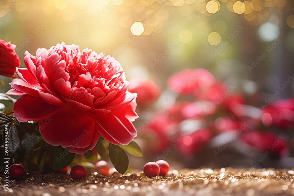 Poster red peony flower on isolated magical bokeh background with copy space for text placement