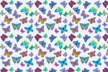 Doodle pattern, colorful butterflies on a white background