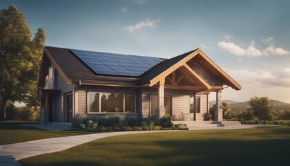 Newly constructed home with solar panels on the roof under a bright sky - obrazy, fototapety, plakaty
