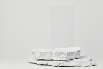 Flat stone pedestal, white template, banner background. Minimalism concept, empty podium display product, presentation scene.