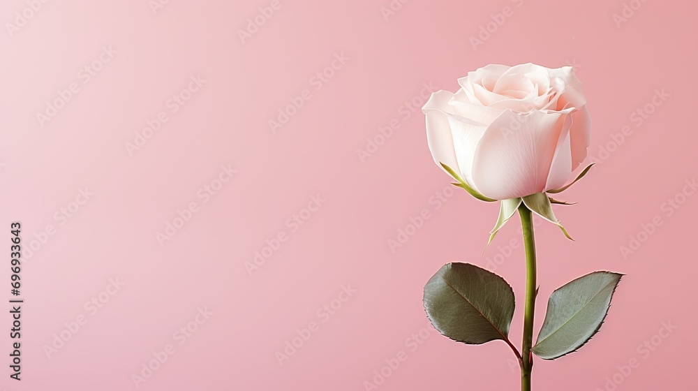 Poster white rose on pink isolated background with two thirds copy space for elegant text placement