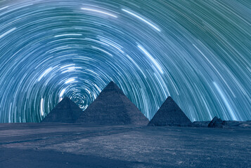 Giza Pyramid Complex with Starry sky at night - Cairo, Egypt 