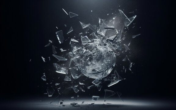 Broken glass, shattered glass pieces, black background