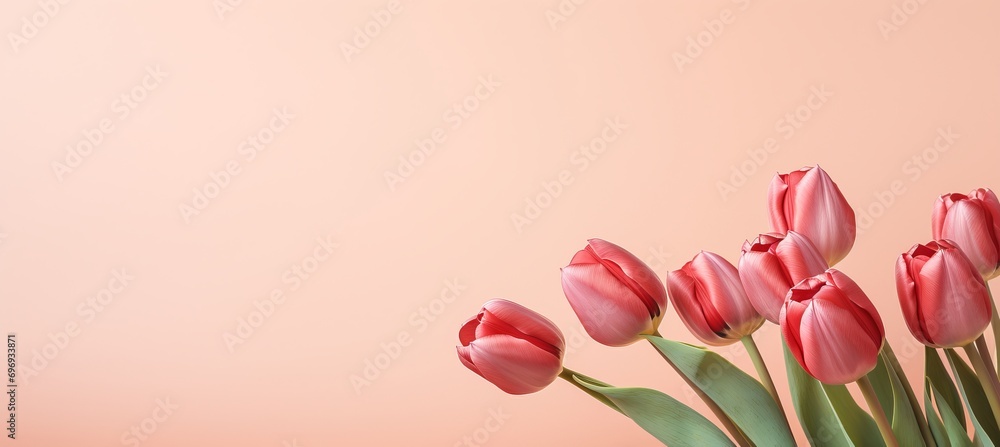 Poster elegant red tulips on pink background with generous copy space on the right side for text placement