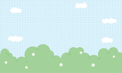 Cute Kawaii Grid Clouds and Cartoon Background 