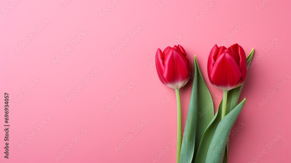 Poster vibrant red tulips on pink background with two thirds of image available for text placement
