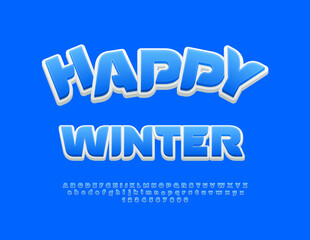 Fototapeta na wymiar Vector Playful Poster Happy Winter. Modern Blue Font. 3D Artistic Alphabet Letters and Numbers