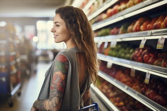 Beautiful smiling tattooed woman in market made with generative AI