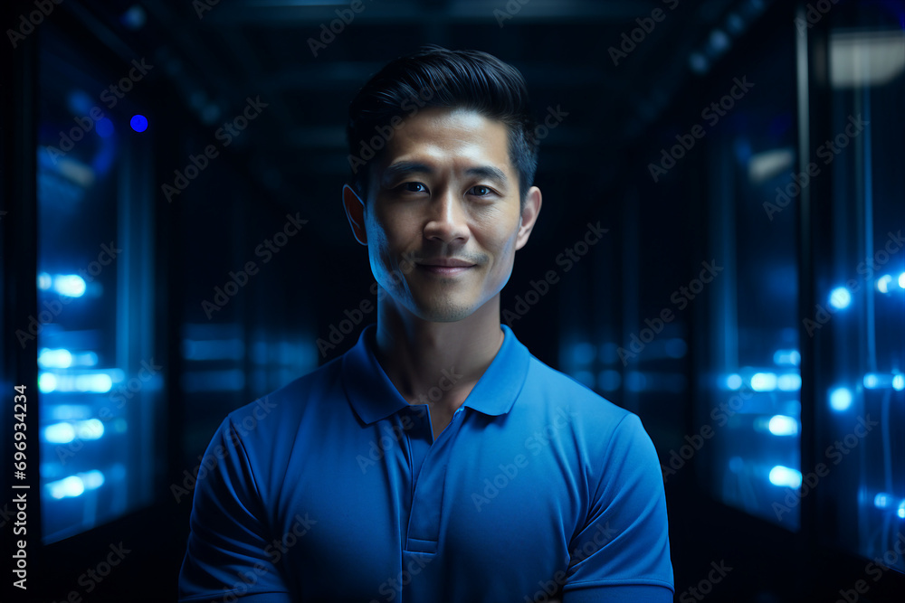 Poster generative ai picture of successful data center it specialist working for cyber data security compan