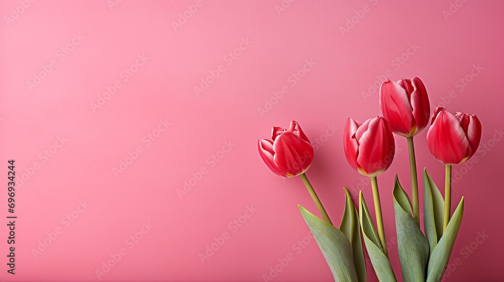 Aufkleber red tulips blooming on pink background with ample two thirds copy space for text placement.