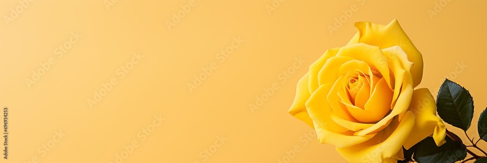 Aufkleber yellow rose on yellow isolated background with copy space on the right side for text placement