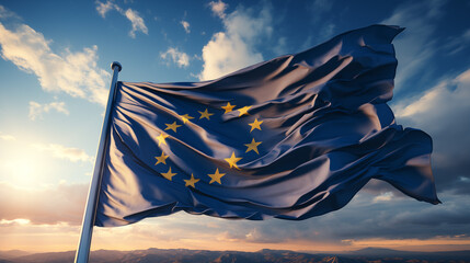 Flat european union flag blowing in the wind, - obrazy, fototapety, plakaty