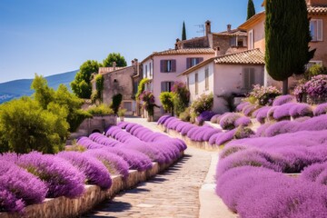 The charm of French Provence comes to life as a typical village is enveloped by vast, blooming fields of lavender - obrazy, fototapety, plakaty