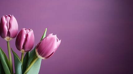 Elegant purple tulips on right side with isolated background and copy space for text.