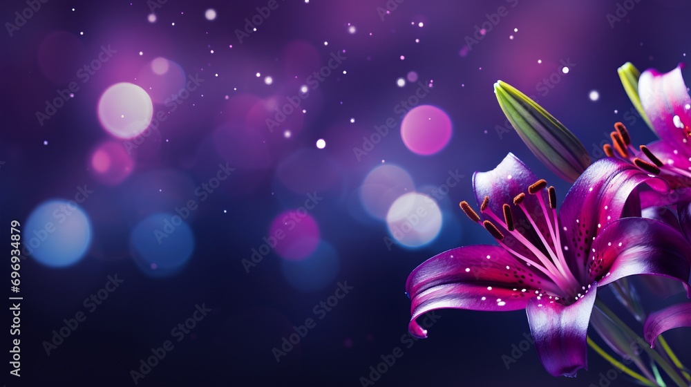 Poster purple lily on right with isolated magical bokeh, two thirds copy space for text on left