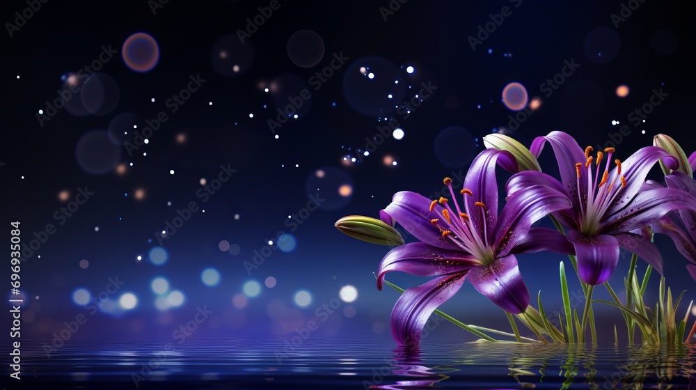 Poster purple lily on right side on isolated magical bokeh background with copy space for text placement