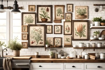 Naklejka premium A rustic-themed wall mockup in a farmhouse kitchen, displaying a set of framed vintage botanical prints, adding charm and character to the country-style decor.