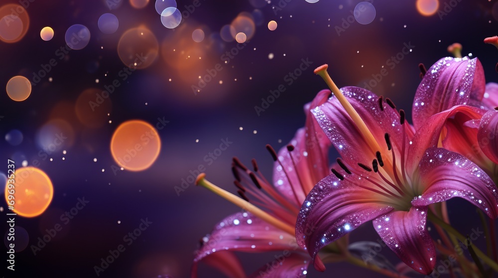 Poster purple lily blossom on isolated magical bokeh background with copy space for text placement