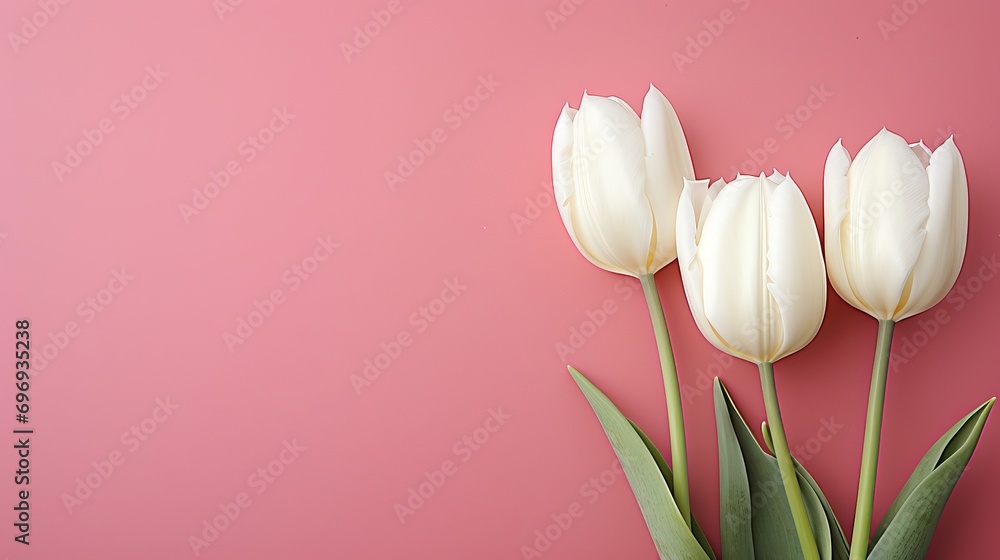 Aufkleber white tulips on pink isolated background with two thirds copy space for text placement