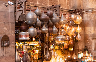 Copper and brass lanterns for sale at Khan Al Khalili Bazaar