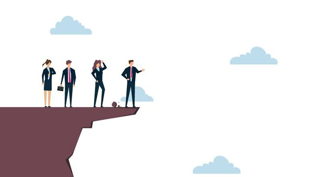 Wrong decision making, 4k Animation of Stupid boss manager directing employees to jump off a cliff.