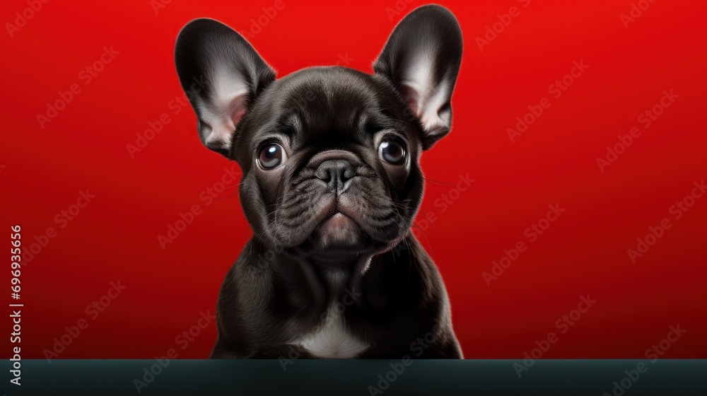 Poster a close up of a dog on a red background with a reflection of it's face in the mirror.