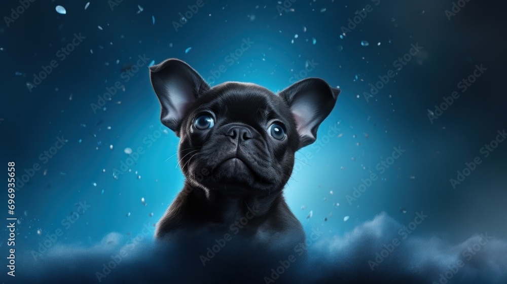 Poster a close up of a dog looking up at the sky with rain falling on it's back and it's head in the air.