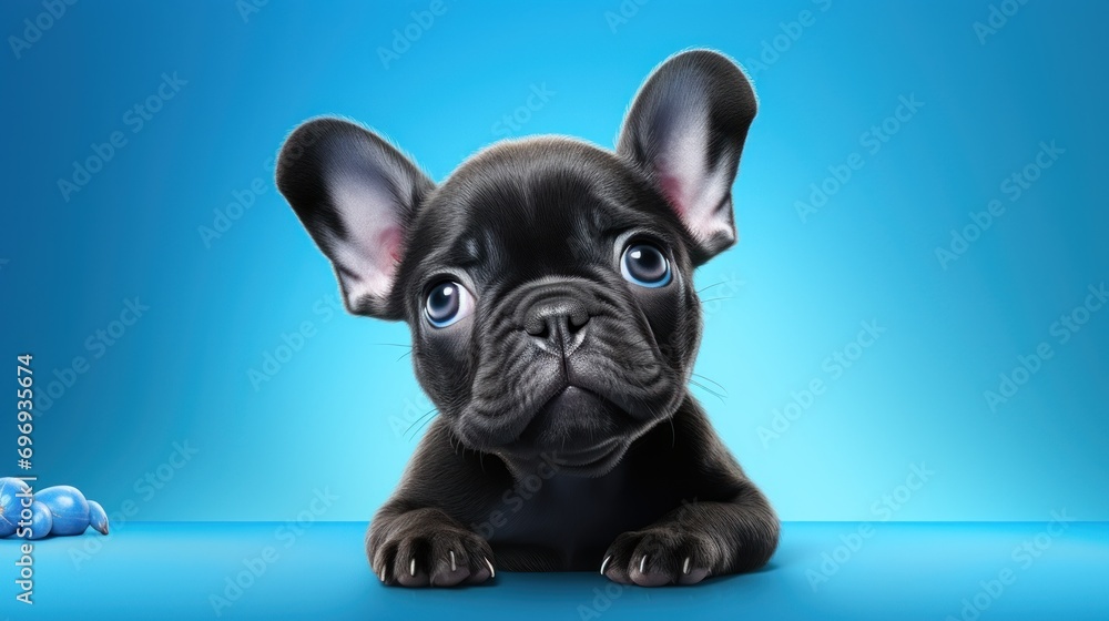 Aufkleber a close up of a dog on a blue background with three balls in front of it and a blue background behin