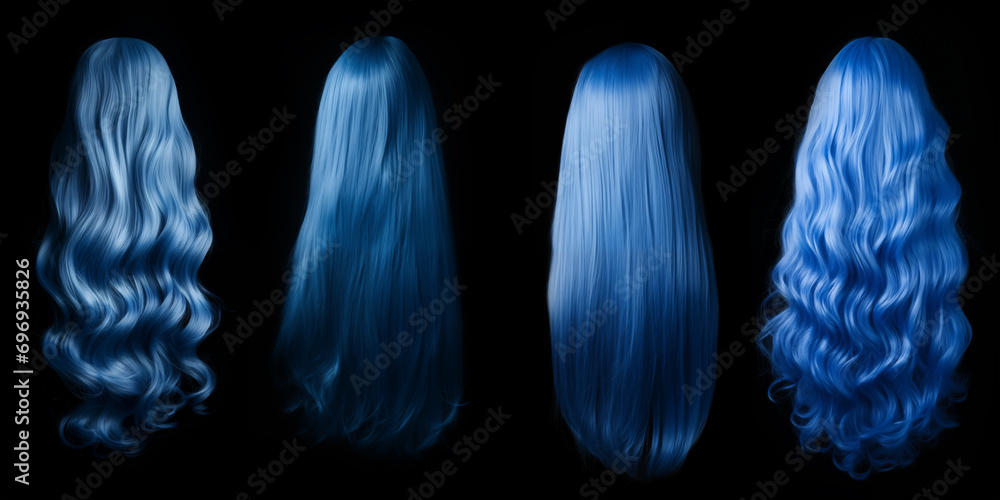 Wall mural Blue hair set - isolated black background - Ideal for hair saloons and any other beauty, wellness, and hair treatment themes - Wall murals