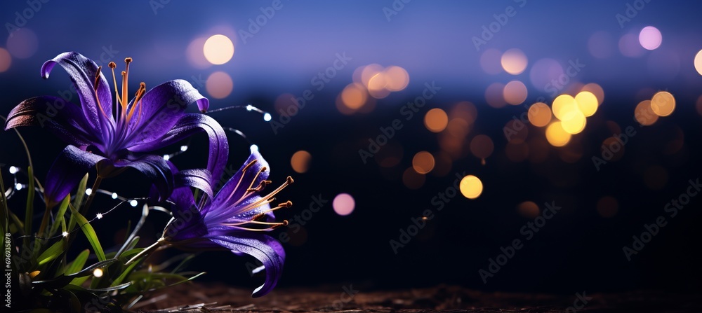 Poster purple lily with magical bokeh background isolated flower with copy space for text placement